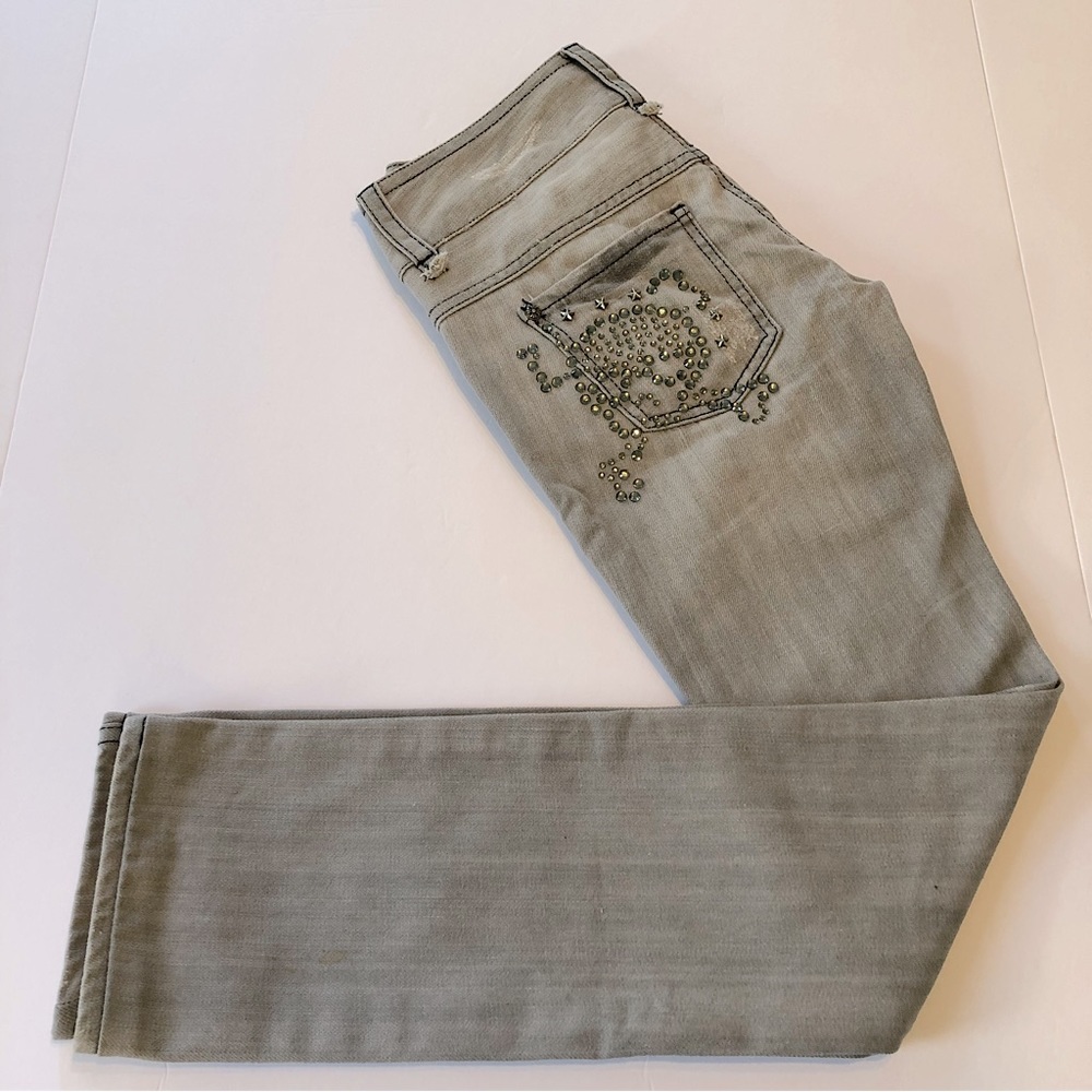MNG Jeans Bejeweled skull on back pocket, grey size 2 sequined distressed